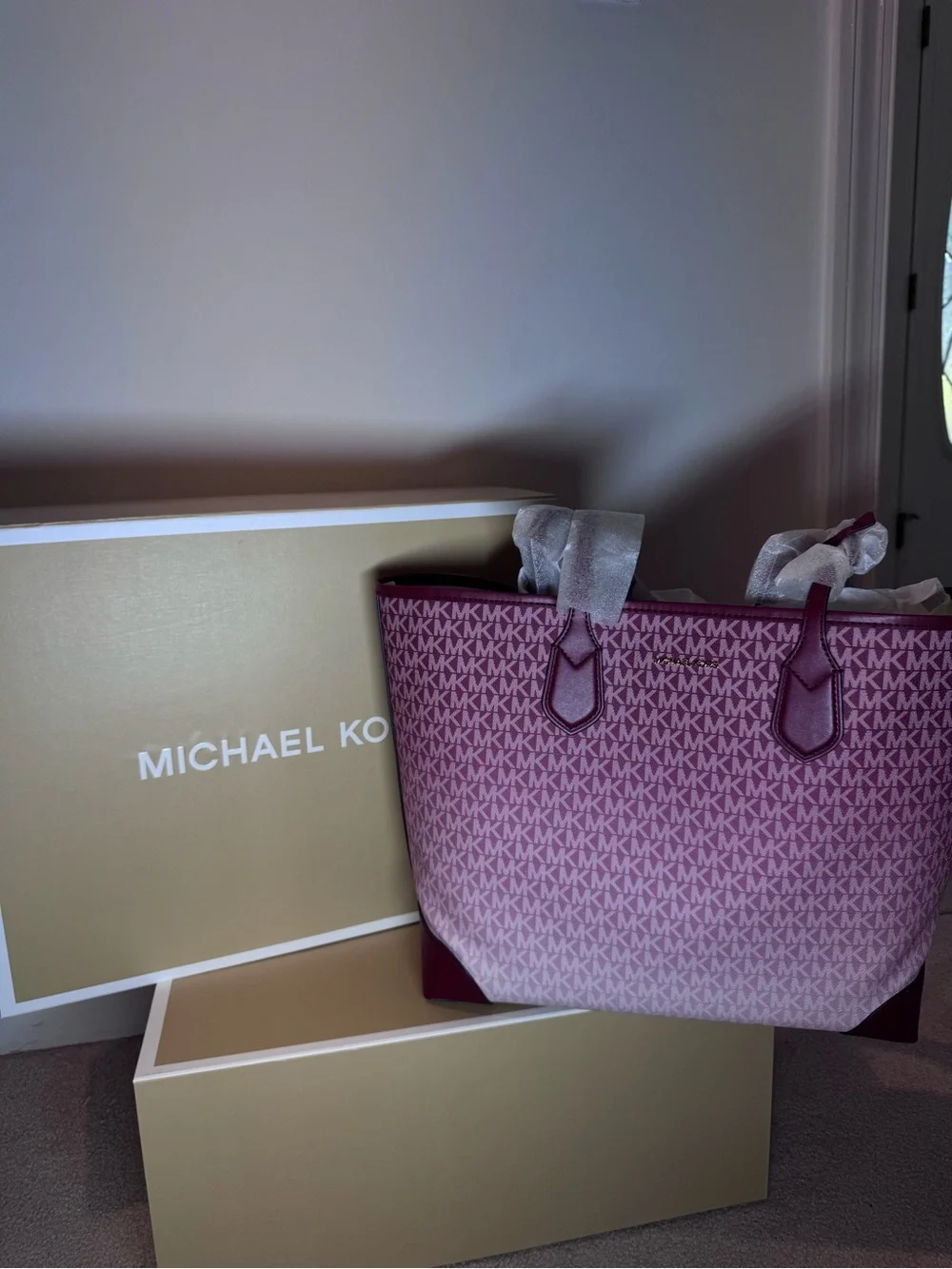 Michael Kors Ombré Monogram Tote Bag with Burgundy Trim